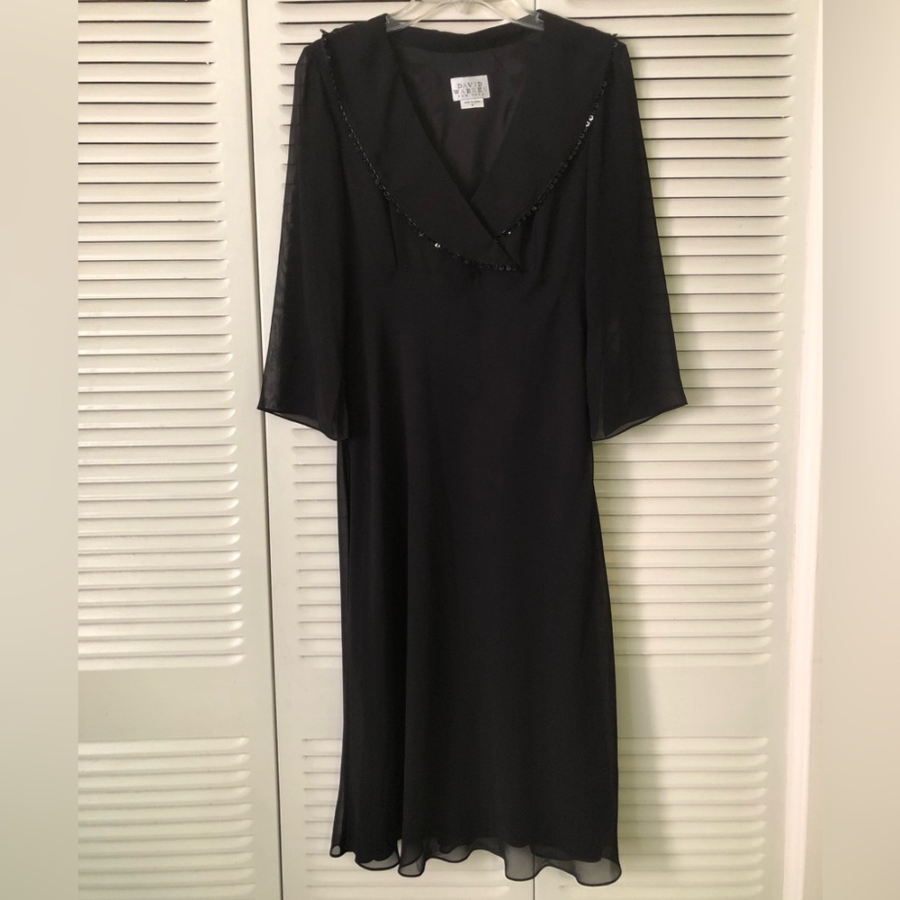 Vintage David Warren Beaded Dress with flutter hem, beaded V neck